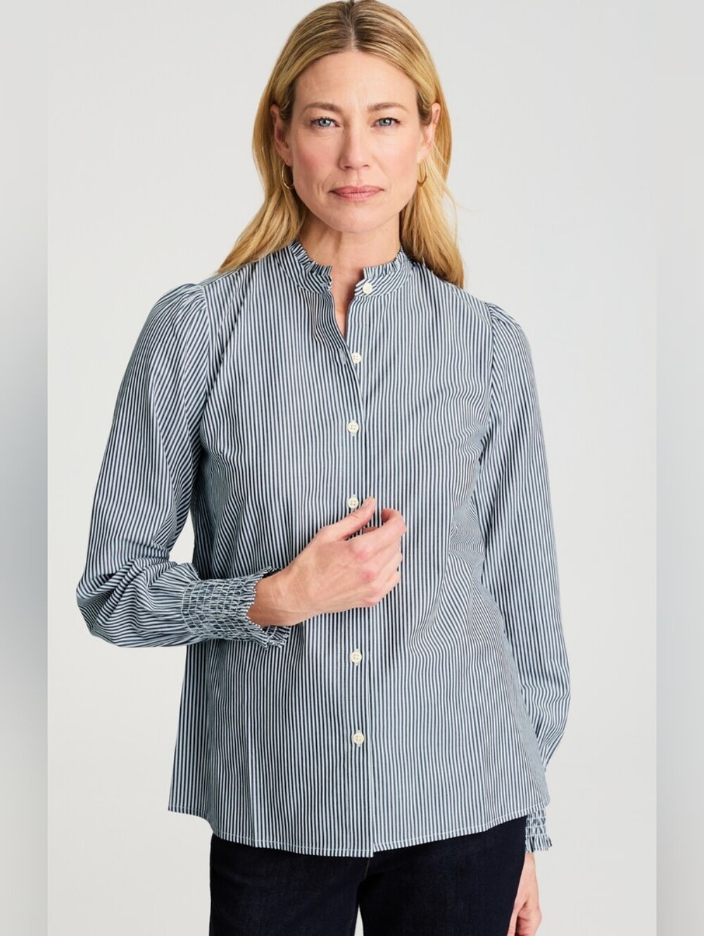 ​J. Jill Striped Ruffle Neck Button Down Blouse Top XL Tall Cottagecore Coastal